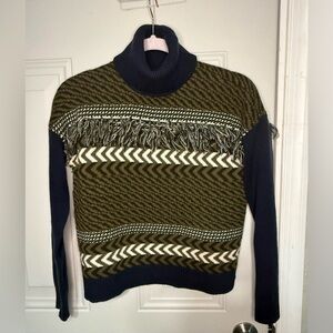Olive Navy 100%‎ Wool Turtleneck Sweater Fringe Fair Isle Pattern Size S
